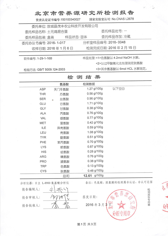 土元雞混合蛋檢測報(bào)告